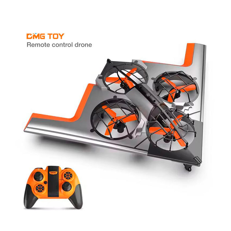 RC bomber plane drone toy, four orange-and-black rotors, with controller