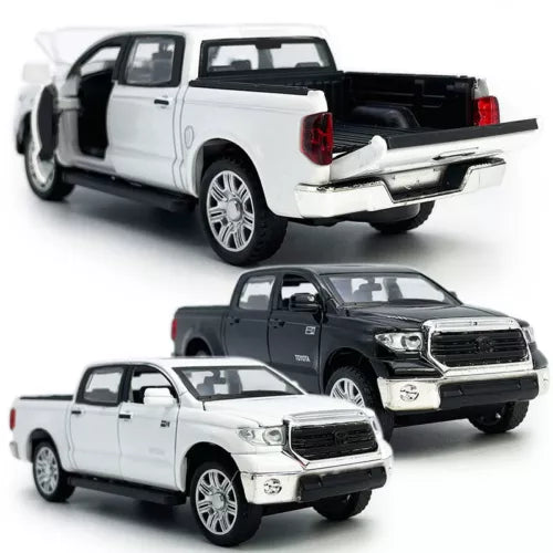 Diecast pickup truck model car set, white and black pull-back metal toys