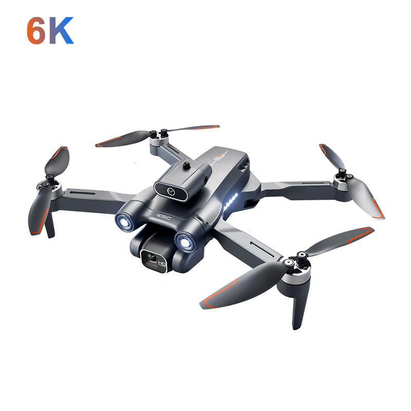 Mini quadcopter drone with front camera and four propeller arms, dark gray
