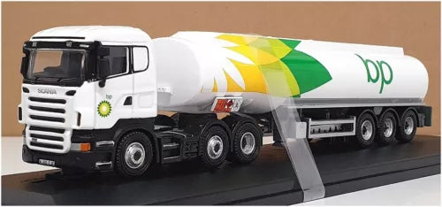 White diecast tanker truck model with BP logo, front 3-axle cab and wheels