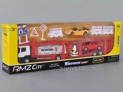 Die-cast truck transporter playset with red Scania trailer and yellow car platform, boxed