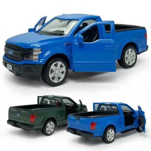 Two diecast pickup truck model cars, blue and dark green, with silver wheels