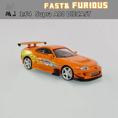 Orange 1:64 scale diecast Toyota Supra A80 toy car with rear wing