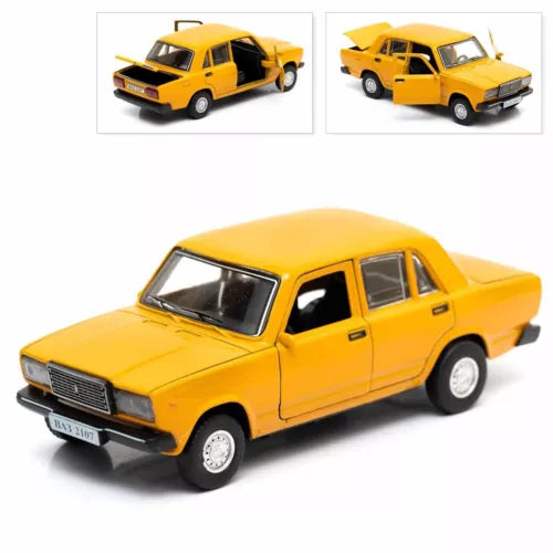 Yellow VAZ 2107 diecast model car, 1/36 scale, front 3/4 view