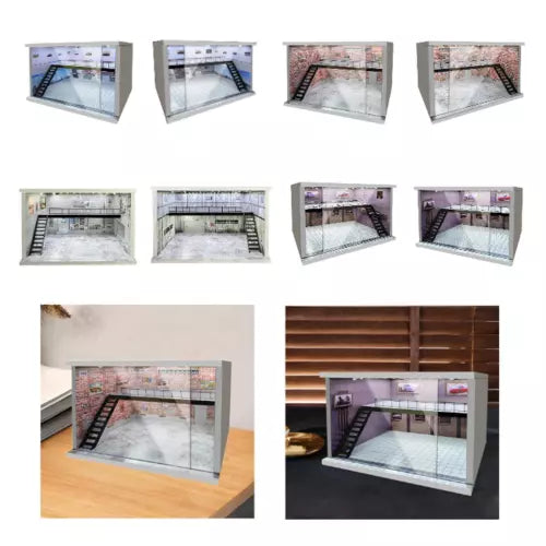 Transparent display case for diecast model cars, clear glass panels and black base, with light