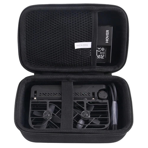 Hard EVA carrying case with foam insert and elastic strap, showing drone compartment