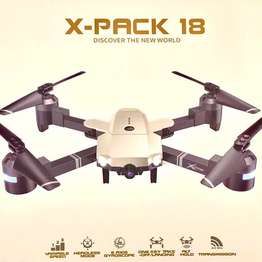 Foldable quadcopter drone with four propellers and central camera module