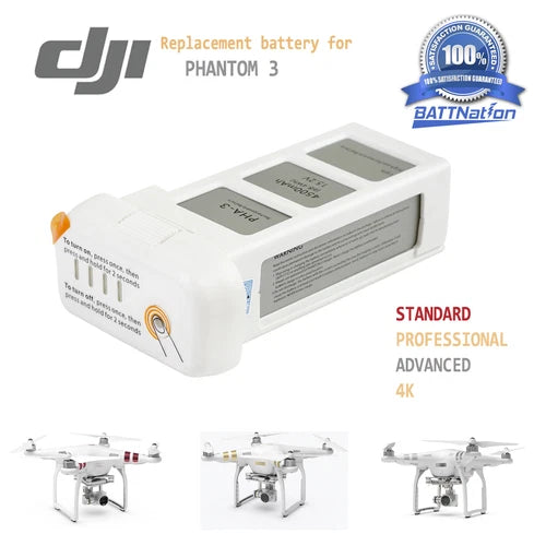 DJI Phantom 3 replacement drone battery, white LiPo pack with status display
