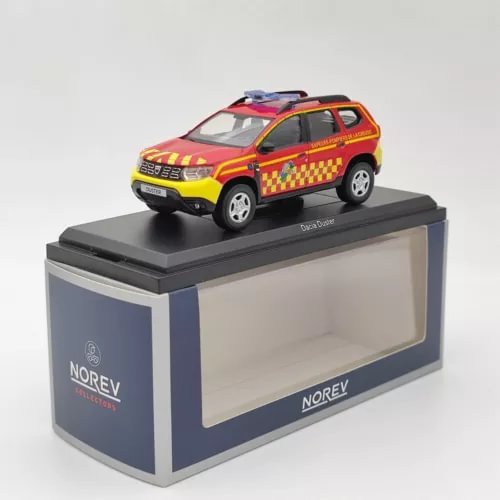 Diecast emergency vehicle model car with orange body and checkered side, on display case