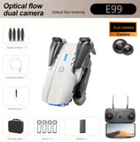 Folding dual-camera RC drone with E99 PRO label, and remote controller