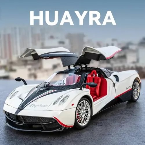 Pagani Huayra 1:18 diecast model car, white with red interior and open doors