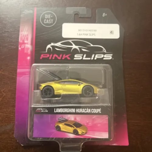Yellow Lamborghini Huracán Coupe die-cast car in Pink Slips blister package