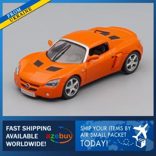 Orange 1:43 diecast sports car model with black hood vents and silver wheels