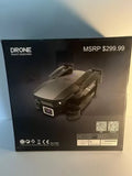 Boxed HD camera drone with folded propellers and front control lights