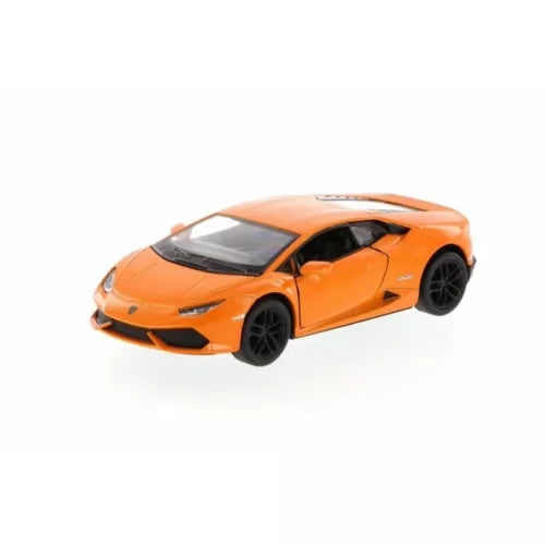 Orange diecast model sports car, front 3/4 view, 1:36 scale, black wheels