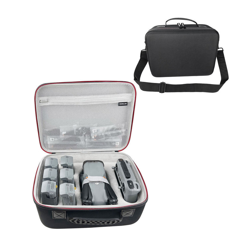 Black hard drone carrying case with open organizer compartments and mesh lid