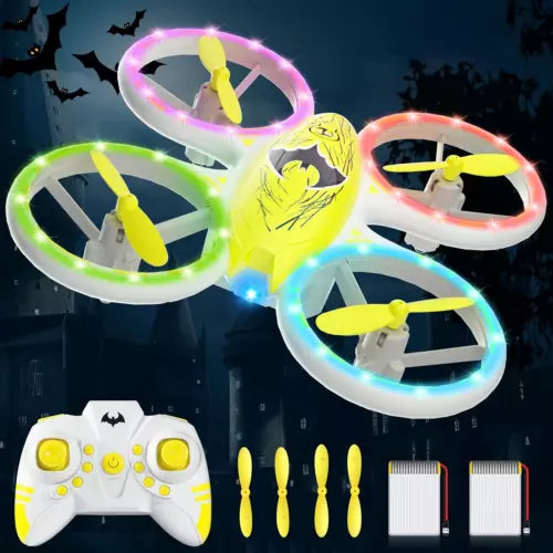 Kids RC quadcopter drone with bat-shaped body, ring LEDs, yellow propellers