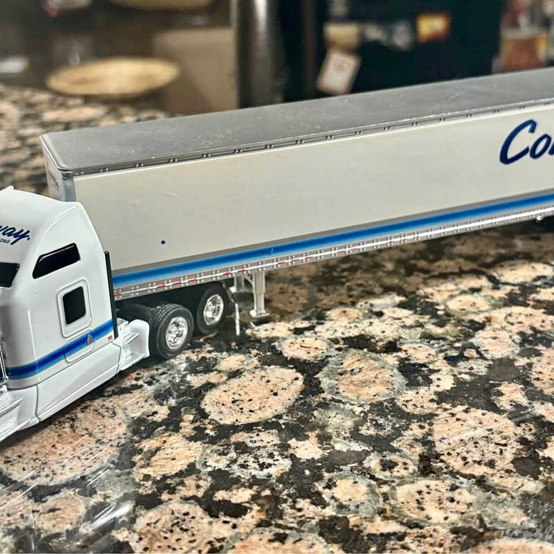 Diecast Con-Way tractor-trailer replica truck, white cab with blue stripe and silver trailer