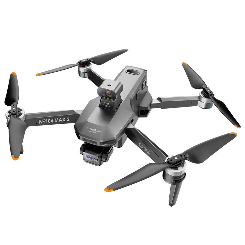 Gray quadcopter drone with 4 propellers and front camera gimbal