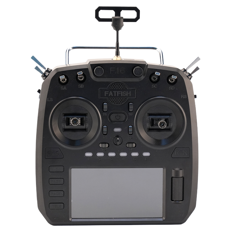 Drone remote controller with dual thumbsticks, LCD screen, buttons, and top handle