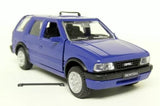 1/43 diecast model car of a blue Opel Frontera, front three-quarter view