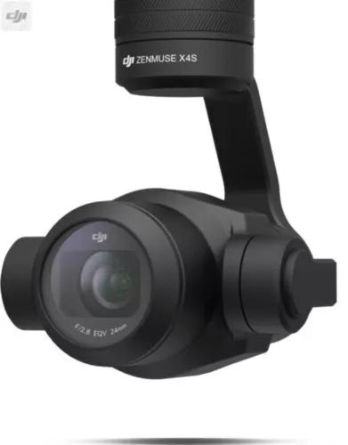 Black gimbal camera module with lens and motorized gimbal arm