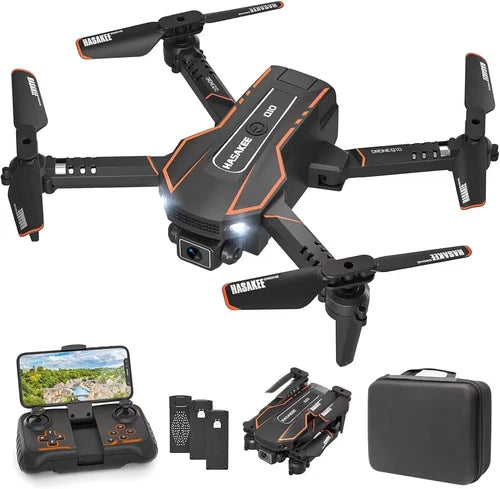 Foldable quadcopter drone with camera, dark body and orange accents