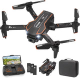 Foldable quadcopter drone with camera, dark body and orange accents