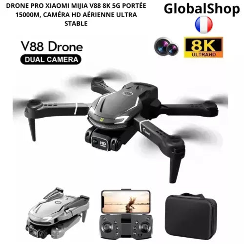 Gray quadcopter drone with camera gimbal and controller with carrying case