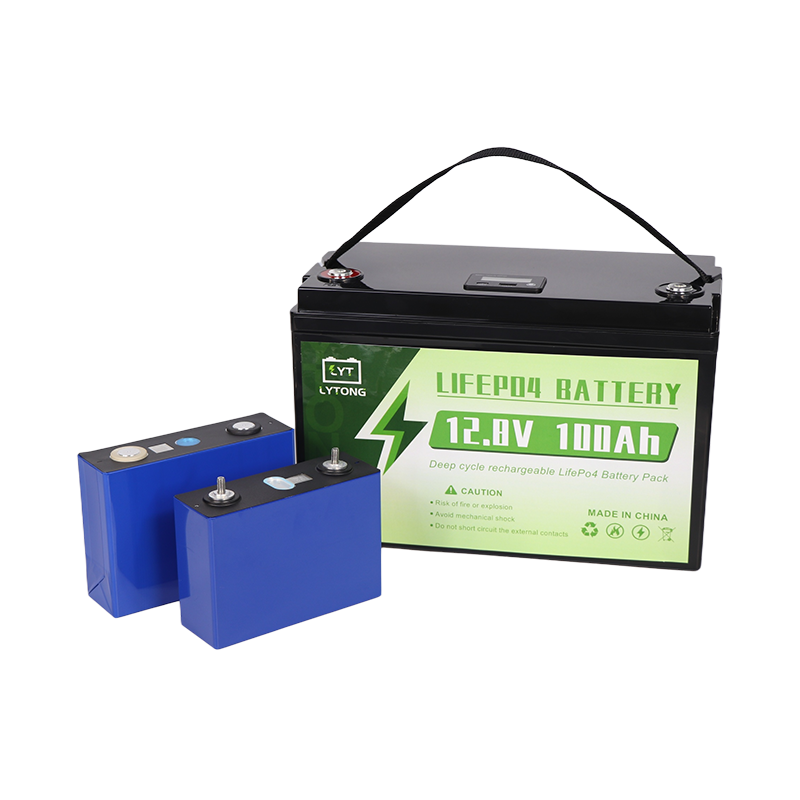 12V LiFePO4 battery pack with carrying handle and blue cells, labeled 12.8V 100Ah