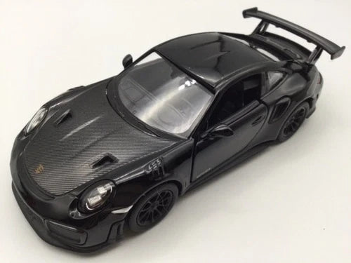 Black 1:36 scale diecast pull-back sports car model with open hood