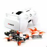 White and orange quadcopter drone kit with 4 propellers and battery pack