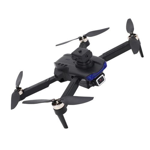 Black folding quadcopter drone with front camera and adjustable arms