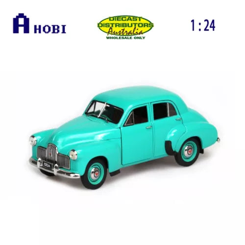 1:24 scale 1948 Holden FX sedan diecast car, Tiffany blue, front 3/4 view