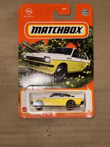 Matchbox diecast Opel Kadett C GT/E toy car in yellow and white blister package