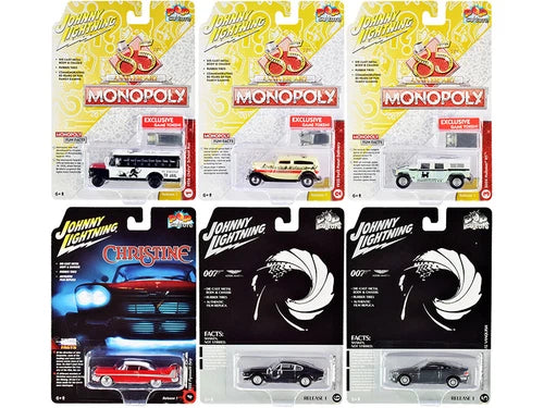 Set of 6 1:64 diecast car models in retail blister packs with visible logos