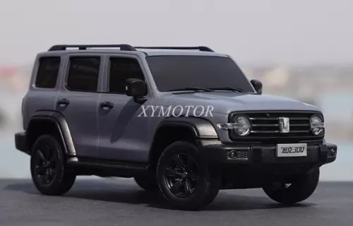 Gray and black diecast model car with front grille, SUV style, front view