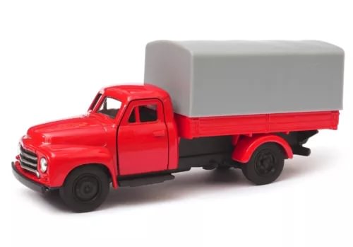 Red diecast delivery truck toy with gray cargo box