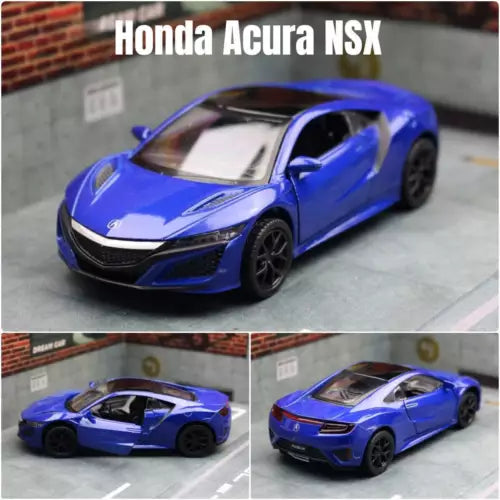 Blue metal diecast sports car model with black wheels and detailed bodywork