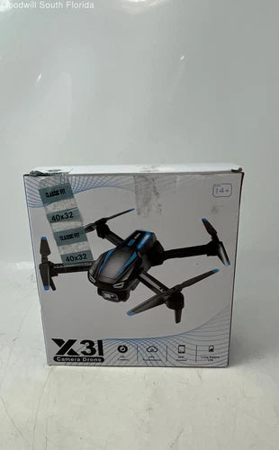 Foldable quadcopter drone retail box with printed specs and drone graphic