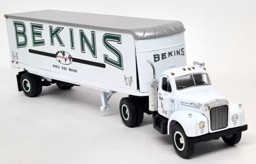 BEKINS moving diecast model truck with gray trailer, white cab, detailed grille and wheels