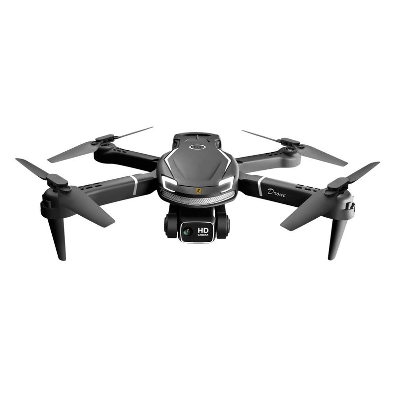 Black quadcopter drone with gray top, four propellers, and HD front camera