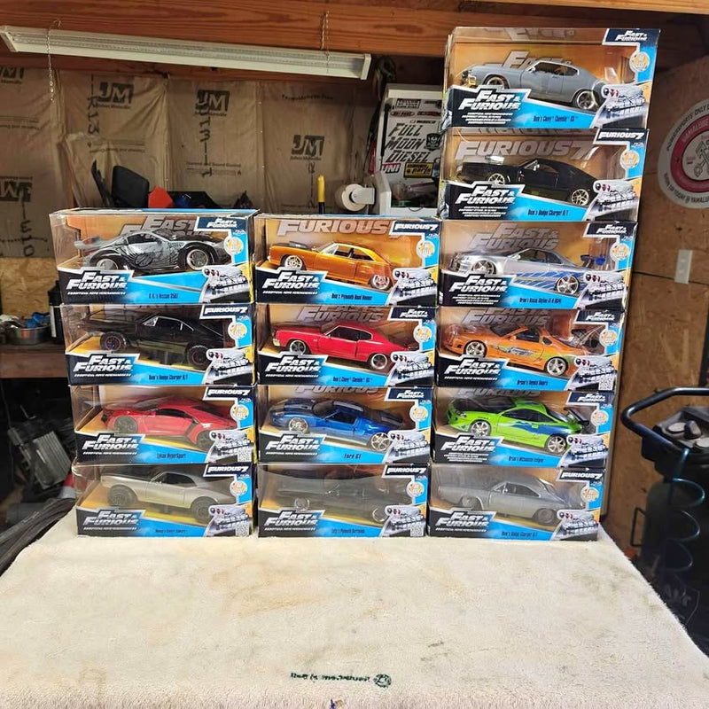 Jada Fast & Furious diecast car set, multiple boxed models on display