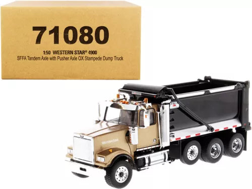 Diecast model tandem pusher axle dump truck with tan cab and black dump bed, front view