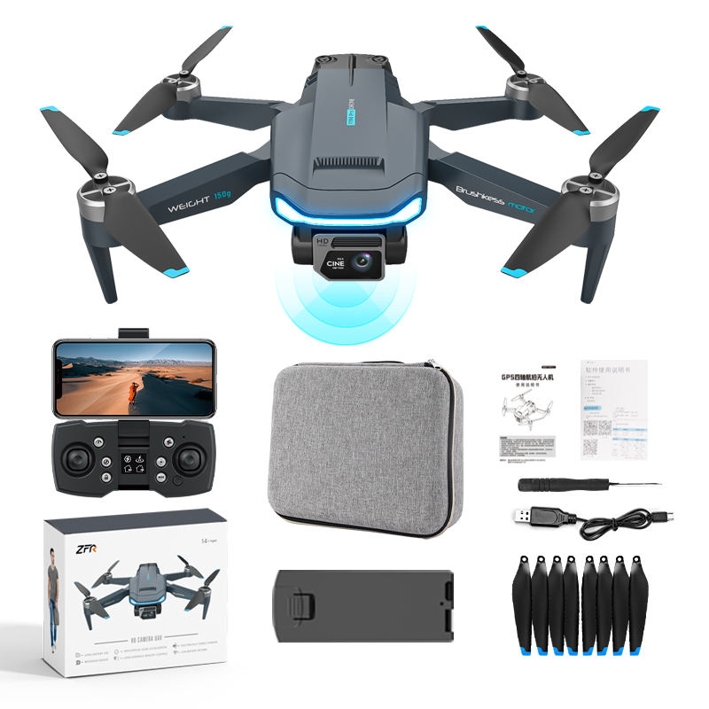 Quadcopter drone with camera, controller, carrying case, propellers, and instruction booklet