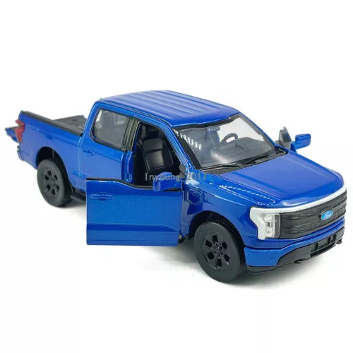 Blue diecast toy pickup truck with open doors, pull-back action