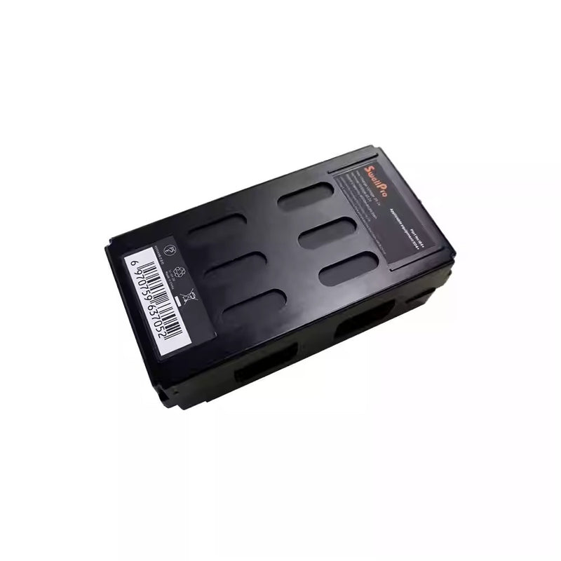 Drone battery pack, black with top vent slots and label on side