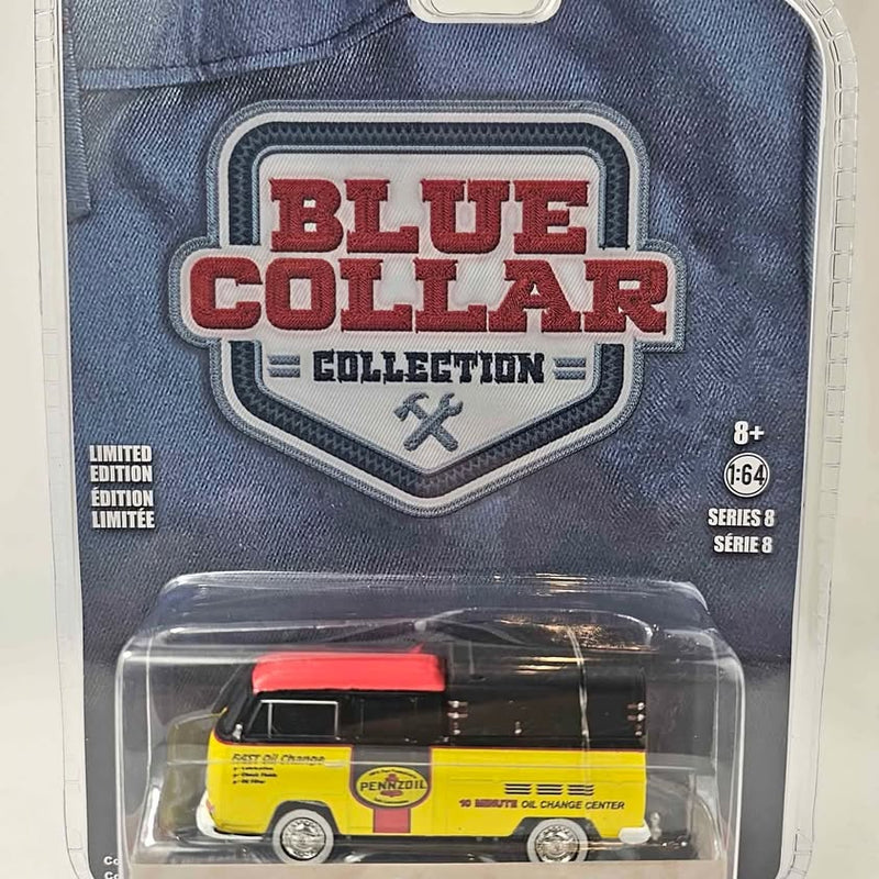 1:64 scale diecast pickup in blue collar blister packaging, black and yellow truck