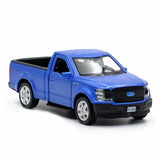 1:36 Ford F-150 pickup truck model car in blue alloy diecast, front 3/4