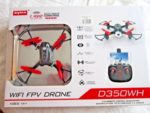 Syma WiFi FPV nano quadcopter drone box, D350WH, with 4-channel controller.